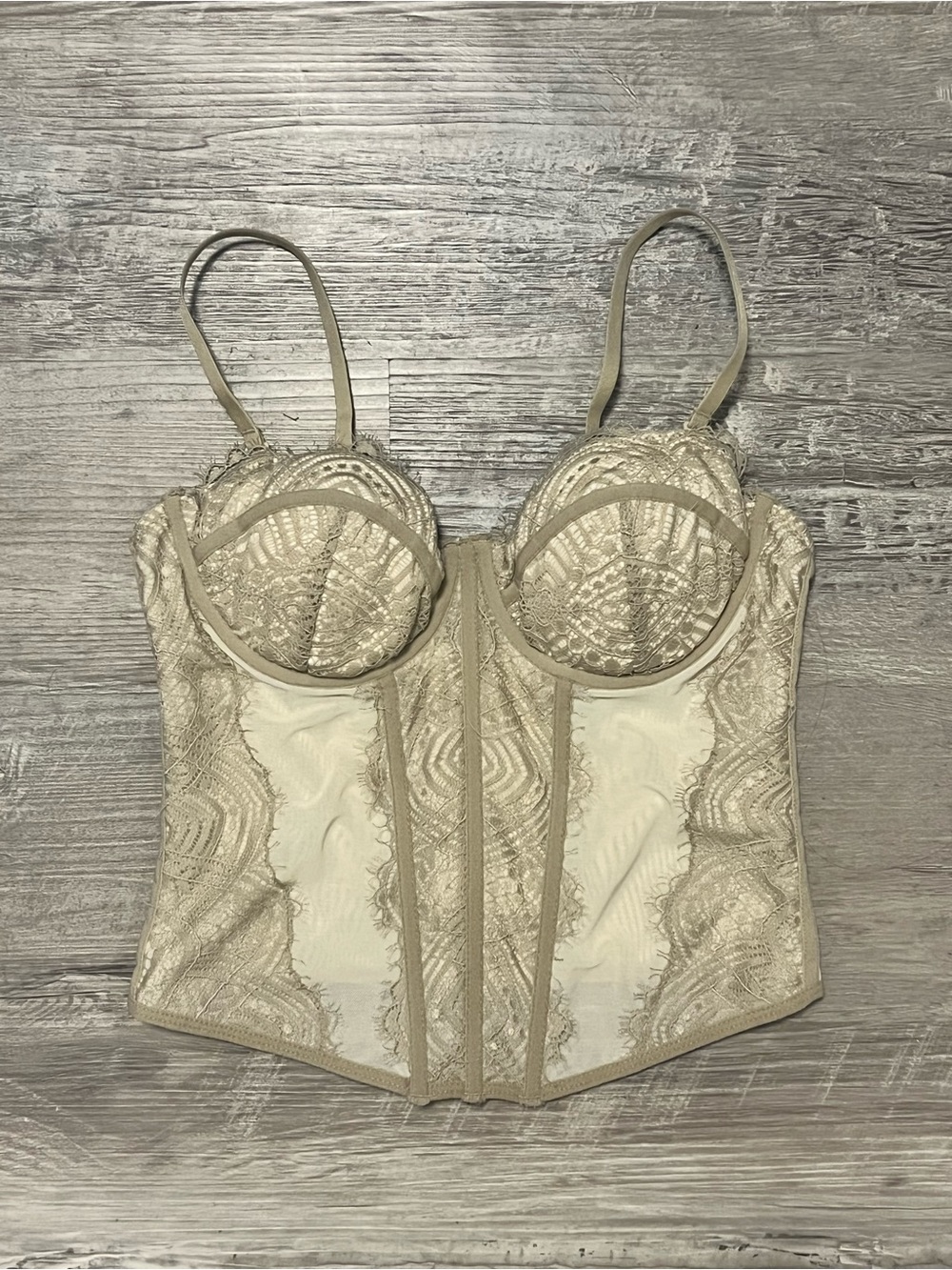 Garage Chrishell Lace Mesh Bustier Top in Cream and white